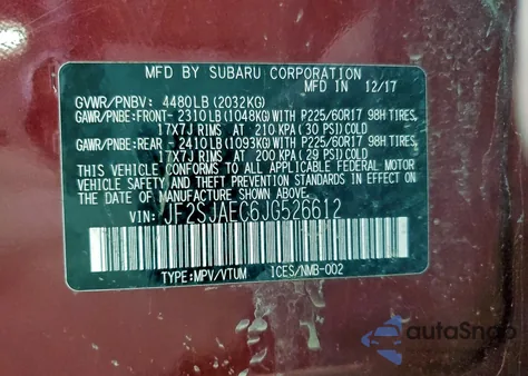 2018 Subaru Forester 2.5I Premium from USA, damaged, VIN JF2SJAEC6JG526612